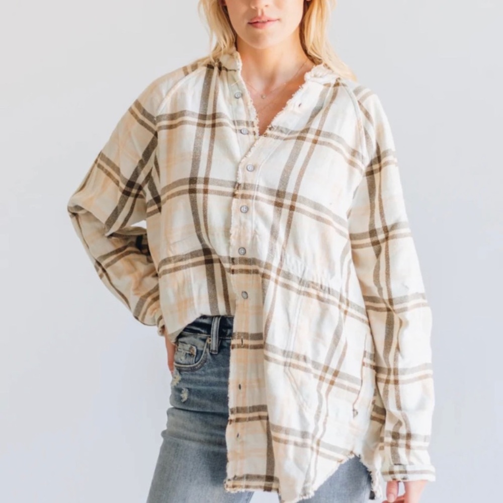 We the Free Summer Daydream Plaid Tunic Shirt Button Ivory Front Size Medium